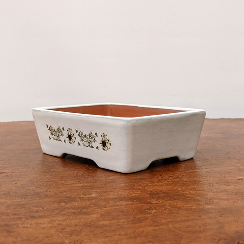 6 inch rectangular off-white glazed Yixing bonsai pot on polished wood