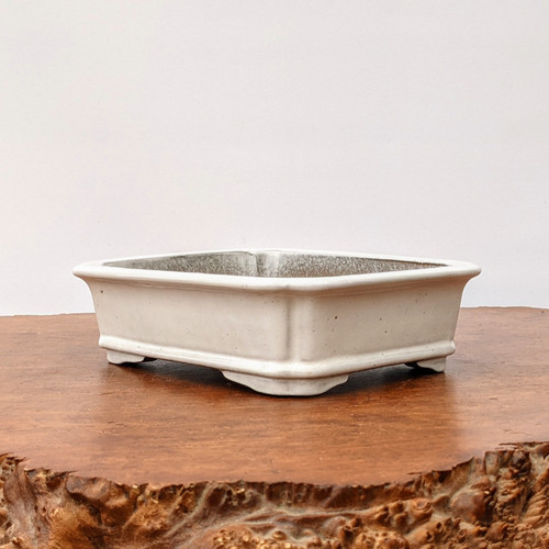 An elegant, rectangular white glazed bonsai pot is centered in the frame, resting on a polished, warm-toned wooden slab. This shallow ceramic bonsai container features a creamy off-white glaze with subtle, fine dark speckling throughout, giving the surface a sophisticated, textured look. The pot’s design includes a wide, slightly flared upper rim and decorative recessed panels at each corner, adding architectural depth. A horizontal ridge wraps around the lower portion of the pot, which is supported by four sturdy, low-profile feet that elevate the container. The interior of the pot shows a darker, unglazed clay body, contrasting with the smooth, glazed exterior. The pot is presented against a minimalist, clean white background, emphasizing its clean lines and traditional craftsmanship.