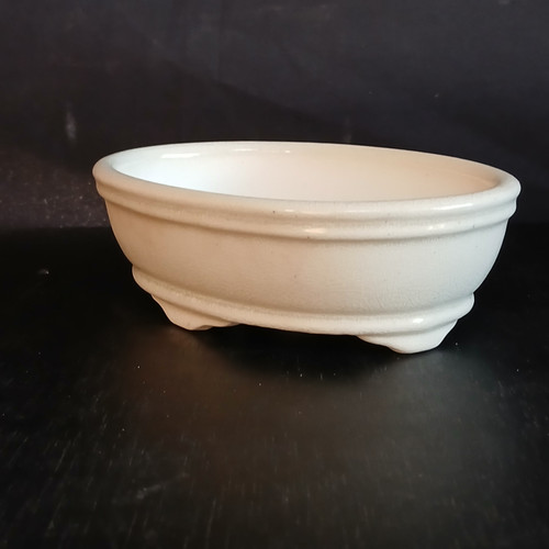 An elegant, oval-shaped ceramic bonsai pot featuring a soft, off-white glossy glaze with a subtle, fine-line crackle pattern throughout. The pot’s design includes a distinct, slightly flared rim at the top and a matching decorative ridge encircling the lower body. It sits securely on small, integrated cloud-style feet, lifting the base slightly from the surface. Positioned on a dark, reflective black surface against a dark, out-of-focus background, the light-colored pot stands out prominently. Gentle lighting from the side highlights its smooth curves and refined craftsmanship. This classic white glazed bonsai pot, identified as model 1912, provides a neutral and sophisticated foundation for displaying various bonsai tree styles.