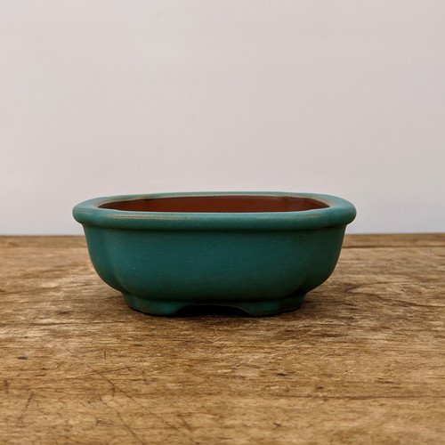 A detailed side-profile shot of an oval-shaped, glazed green bonsai pot. The exterior features a matte, slightly weathered teal-green finish with soft lobed details along its sides and a thick, rounded rim. The interior is an unglazed, reddish-brown terracotta color. The pot sits on small, integrated feet on a rustic, aged wooden workbench with a visible grain. The background is a clean, neutral light gray wall, highlighting the pot's form and color. This elegant ceramic planter is designed for housing small to medium bonsai trees.