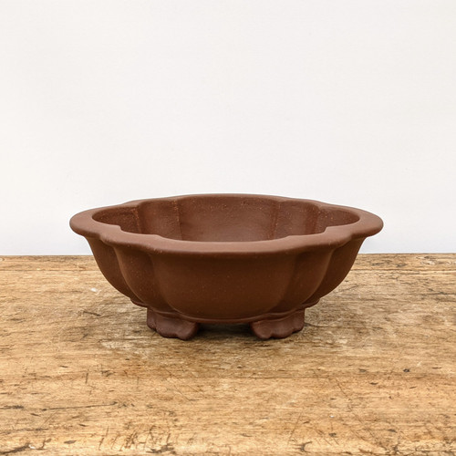 A centered, eye-level photograph of a shallow, unglazed bonsai pot made from a dark reddish-brown clay. The pot features a distinctive lobed or scalloped design with a wide, flared rim, giving it a delicate, flower-like profile. It is supported by four small, decorative feet shaped in a traditional cloud motif. The earthy, matte texture of the unglazed clay is visible, highlighting its natural and rustic aesthetic. The pot sits on a weathered, light-colored wooden tabletop against a plain, minimalist white background, emphasizing its elegant shape and traditional craftsmanship.