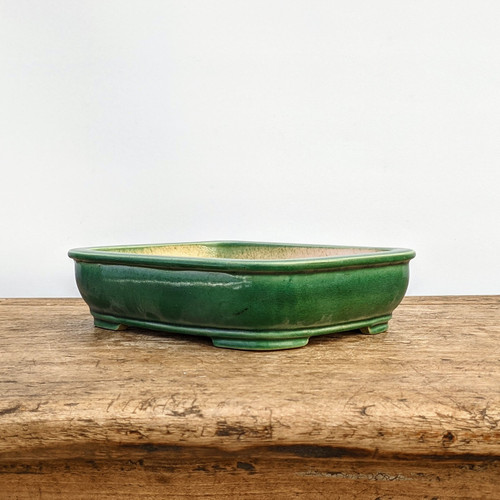 A rectangular glazed bonsai pot in a deep forest green finish, featuring subtle crazing and a glossy texture. The pot has soft, rounded corners, a slightly flared rim, and is elevated by four small, integrated decorative feet. It is displayed on a rustic, weathered wooden table against a clean, off-white background. The shallow design and vibrant green color of this ceramic pot make it an ideal choice for showcasing various bonsai tree styles, providing a classic aesthetic for indoor or outdoor gardening.