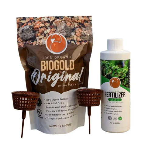 Ho Yoku and Biogold bonsai fertilizer bundle with two fertilizer cups included