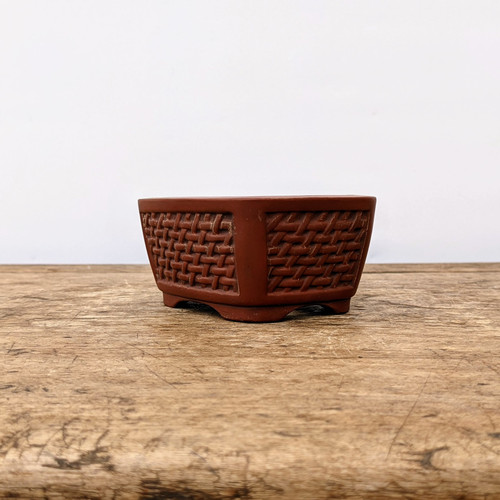 3 inch unglazed Tokoname pot by Bigei with a basketweave relief, No. 1227