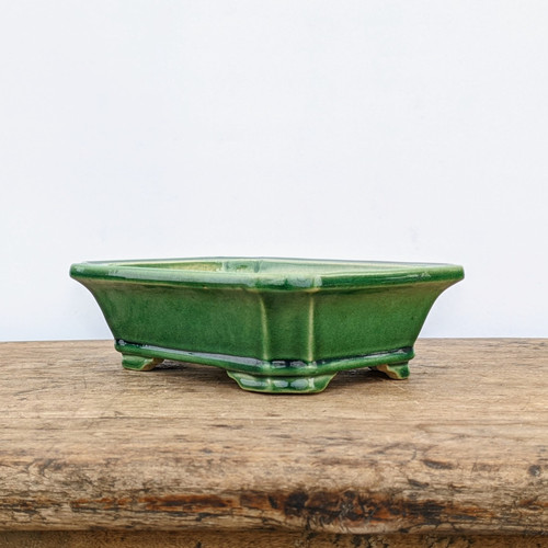 Green Glazed Rectangular Bonsai Pot With Matching Drip Tray 11x8.5x6cm 