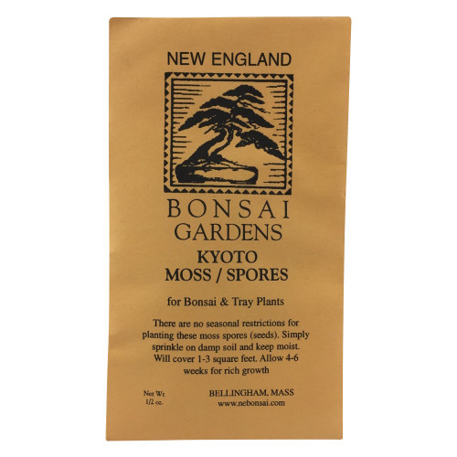 Tan paper seed packet of Kyoto moss spores from New England Bonsai Gardens