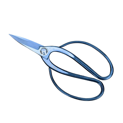 A detailed photograph of a pair of high-quality Kaneshin 40E Japanese Bonsai Shears, presented at a diagonal angle against a plain white background. These professional-grade pruning tools feature large, symmetrical teardrop-shaped loop handles crafted from dark, forged carbon steel with a subtle, matte-textured finish, designed for a comfortable and secure grip during intricate trimming. 

The short, precision-ground blades are polished to a brilliant silver metallic sheen and taper to a sharp, fine point, perfect for the delicate work of pruning leaves and small bonsai branches. At the center, a decorative silver pivot screw with a sunburst-etched pattern holds the blades together. Near the hinge, authentic Japanese kanji characters are elegantly engraved into the metal, signifying the tool's handcrafted heritage and the Kaneshin brand. The overall composition highlights the sleek, traditional design and exceptional craftsmanship characteristic of authentic Japanese bonsai tools.
