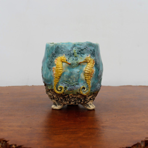 4 inch Terre O Vert handmade bonsai pot in a bubbly teal blue volcanic glaze
