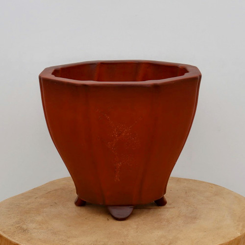 An octagonal, unglazed Yixing clay bonsai pot in a rich, reddish-brown terracotta hue. The pot features a wide, eight-sided rim that tapers gracefully downward to a narrower base. Its exterior is divided into vertical panels, creating a fluted effect that adds depth and structure. On one of the front-facing panels, there is a subtle, hand-etched design of a delicate branch with blossoms, providing a touch of traditional artistic detail. The pot stands on three small, rounded feet that provide slight elevation. It is centered on a light-toned, circular wooden slab, likely a cross-section of a tree trunk, showcasing the pot's earthy and natural aesthetic against a clean, plain off-white background. The soft lighting highlights the smooth, matte texture of the high-quality Yixing clay, a material prized by bonsai enthusiasts for its beauty and breathability.