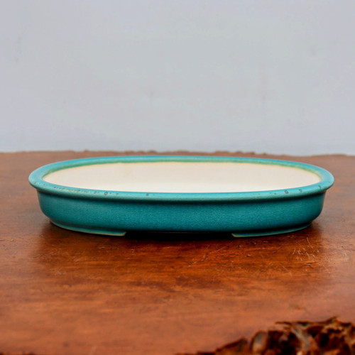 A shallow, oval-shaped glazed bonsai pot in a vibrant teal-blue hue sits centered on a warm, reddish-brown wooden surface. The exterior of the pot features a fine crackle glaze, also known as crazing, which creates a delicate network of lines across the turquoise finish. Along the thin, slightly outward-turned rim, subtle dark speckles are visible. The interior of the pot contrasts with the exterior, showing a smooth, off-white or cream-colored glaze. The pot is elevated by small, integrated feet at its base, designed for drainage and airflow in bonsai cultivation. It is photographed against a neutral, plain light-grey background, which emphasizes the pot's elegant form and textured finish.
