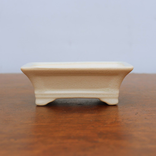 A side-profile view of an elegant, rectangular glazed ceramic bonsai pot resting on a polished, dark wood surface. The pot features a soft ivory or off-white finish with a distinct and intricate crackle glaze (crazing) pattern visible across its entire exterior. Its design includes a subtly flared upper rim and a structured base with four short, integrated feet that elevate the container. The background is a plain, neutral light gray, which highlights the delicate texture and classic shape of the pot. This shallow, rectangular bonsai pot is a functional and artistic piece designed for cultivating and displaying a bonsai tree, offering a clean and refined aesthetic for any plant.