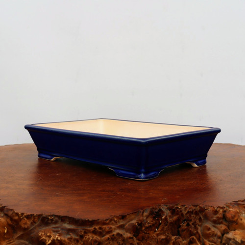 12 inch rectangular Yixing bonsai pot in a glossy cobalt blue glaze