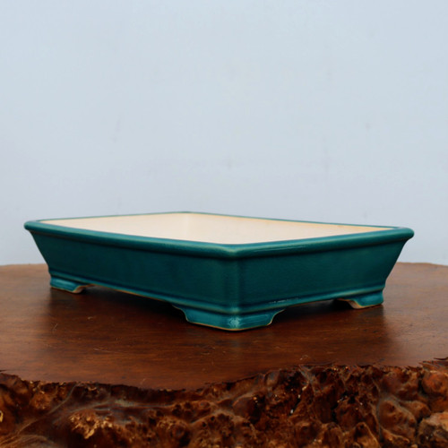 12 inch rectangular Yixing bonsai pot in a deep forest green glaze