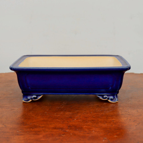 9 inch deep rectangular Yixing bonsai pot in a cobalt blue glaze