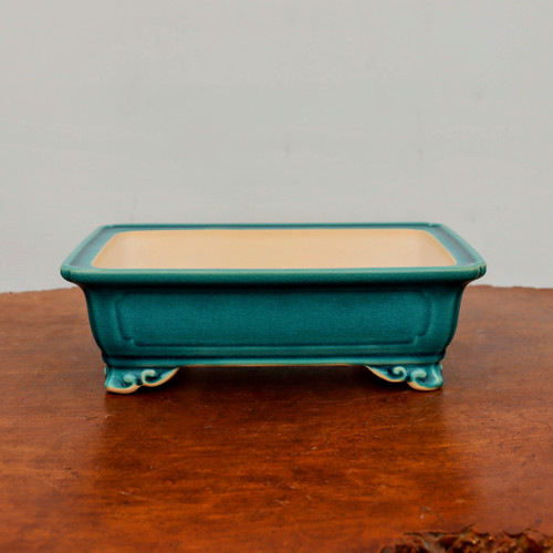 9 inch rectangular Yixing bonsai pot in deep teal with an all-over crackle