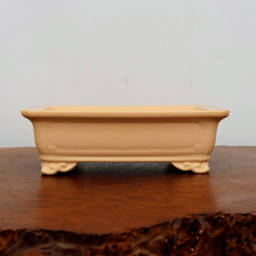 9 inch rectangular Yixing bonsai pot in a soft cream to pale yellow glaze