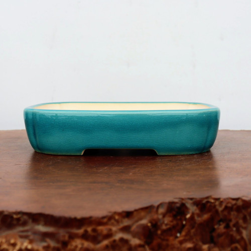 10 inch shallow rectangular Yixing bonsai pot in teal with a crackle glaze