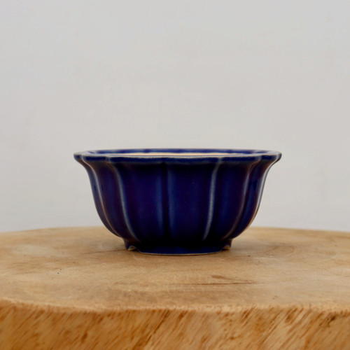 A small, round cobalt blue glazed ceramic bonsai pot with a scalloped, lobed exterior design that tapers toward a footed base. The deep blue glossy glaze features delicate, lighter highlights along the vertical ridges and the flared rim, creating a textured, petal-like appearance. The pot is positioned in the center of the frame, resting on a rustic, light-toned wooden cross-section with visible natural grain. The background is a clean, neutral off-white, making the vibrant blue of the bonsai container stand out as the primary focus.