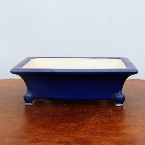9 inch rectangular Yixing bonsai pot in a deep cobalt blue glaze