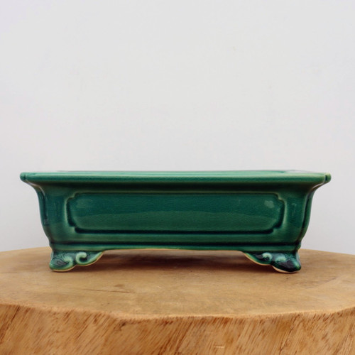 9 inch rectangular Yixing bonsai pot in an emerald green glaze, recessed panel