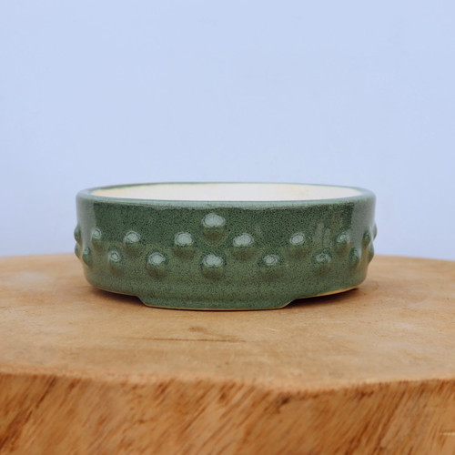 A detailed side-view shot of a shallow, round green ceramic bonsai pot featuring a distinctive "drum" or studded design. The exterior of the pot is covered in a mottled forest green glaze with subtle, darker speckles, giving it an earthy, stone-like appearance. The top rim and interior of the pot are a contrasting light cream color. 

Three horizontal rows of raised, rounded studs encircle the middle of the pot, adding a unique texture and a classic aesthetic. The pot is centered on a flat, light-grained wooden slab, which appears to be a cross-section of a tree trunk. The entire scene is set against a plain, soft pale-blue background, highlighting the details and color of the glazed ceramic. This type of decorative bonsai pot is designed to complement various tree styles, providing both a functional container and a visually appealing base.