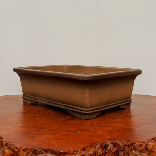 A rectangular unglazed bonsai pot sits at a slight angle on a polished, dark reddish-brown wood table. The ceramic pot is a warm, medium brown with a smooth, matte texture and subtle color variations typical of high-quality clay. It features a prominent, outward-flared rim at the top and a decorative, stepped base. Four short, blocky feet at the corners elevate the container, providing space for drainage and air circulation. The table underneath has a rustic, live-edge border with a deep, glossy wood grain that reflects the light. Behind the pot, a plain, off-white wall provides a simple, neutral backdrop, emphasizing the clean lines and earthy tones of this traditional unglazed bonsai pot.