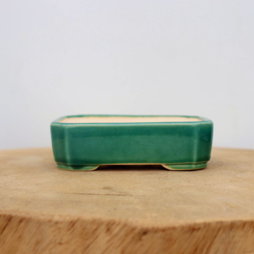 A small, 5-inch rectangular ceramic bonsai pot with a glossy emerald green glaze, resting on a rustic, circular wooden slab against a neutral light gray background. The pot features a classic cut-corner design and a shallow profile, ideal for various bonsai styles. Its vibrant green finish has a smooth, reflective quality, with subtle highlights that accentuate its clean lines. The unglazed beige interior is slightly visible along the top rim, and the pot sits on integrated, slightly raised feet that allow for proper drainage, essential for tree health. The natural wood grain of the platform below provides a warm contrast to the polished ceramic surface of this traditional glazed container.