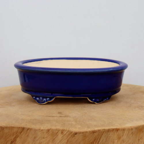 A side-view studio shot of a deep cobalt blue glazed ceramic bonsai pot. The pot has a smooth, oval shape with a low profile and a slightly flared, rounded rim. Its exterior is finished in a high-gloss, dark blue glaze, while the interior is a natural, unglazed beige ceramic. The pot is supported by four short, decorative feet featuring subtle ornamental scrollwork. It is centered on a light-colored, cross-cut wooden base against a plain white background, highlighting its rich color and classic design for bonsai enthusiasts.