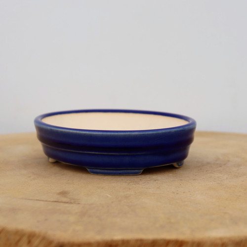 An eye-level studio photograph of a shallow, oval-shaped glazed bonsai pot in a deep, cobalt blue color. The pot features a rich, glossy dark blue glaze on its exterior, which catches the light and shows subtle tonal variations. Two fine, horizontal indented lines encircle the body of the pot, adding a touch of classical detail to its profile. The interior of the pot is a contrasting unglazed, smooth, cream-colored ceramic. The pot sits on several small, integral feet and is showcased on a rustic, light brown wooden surface with a natural grain, all set against a clean, out-of-focus off-white background.