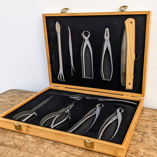 An open, premium bamboo case displays the Tinyroots Ultimate Package Stainless Steel Tool Kit, a comprehensive set for professional bonsai care. The interior of the light-wood case is lined with black foam, featuring custom cutouts for each polished stainless steel tool. The top lid holds a combination root rake and spatula, tweezers with a spatula end, a knob cutter, jin pliers for deadwood styling, and a folding saw with a light-colored wooden handle. The bottom tray contains various cutting implements, including large and small pruning shears, a concave cutter for flush branch removal, and specialized wire cutters. The entire kit is presented on a weathered, rustic wooden table against a plain white background, highlighting the quality and completeness of this professional bonsai maintenance set.