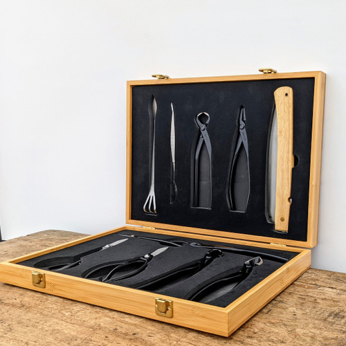 An open, light-colored bamboo wooden storage case reveals a complete Tinyroots Ultimate Package carbon steel bonsai tool kit. The ten professional-grade tools are neatly organized within custom-fitted black foam cutouts on both the lid and base of the case. 

The top section holds a multi-purpose root rake with a spatula end, long-handled tweezers, concave cutters for clean branch removal, knob cutters for hollowed-out cuts, and a folding saw with a natural wood handle. The bottom section of the case contains several types of specialized black carbon steel pruning shears with different blade lengths for various trimming tasks, as well as heavy-duty wire cutters and jin pliers. 

The bamboo case features elegant gold-colored metal latches and hinges, resting on a rustic, weathered wooden tabletop against a plain white background. The image showcases a comprehensive and high-quality set of tools designed for the meticulous care and styling of bonsai trees.