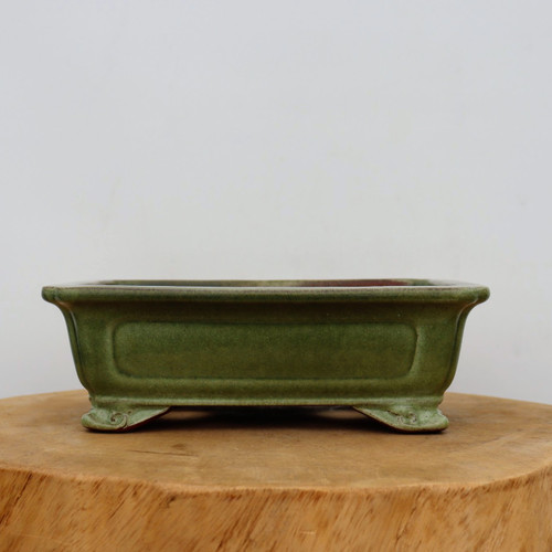 9 inch rectangular Yixing bonsai pot in glossy green with a recessed panel
