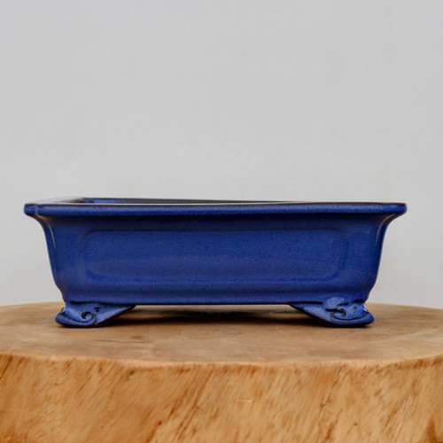 A detailed studio shot of a nine-inch glazed ceramic bonsai pot in a striking, deep cobalt blue. This rectangular planter features a slightly flared upper rim and a long, recessed decorative panel on its front face. The pot is elevated by four ornate, scroll-styled "cloud" feet at each corner, adding a touch of traditional craftsmanship. The vibrant blue glaze has a smooth, glossy, and reflective finish that provides a beautiful contrast. It is displayed resting on a rustic, circular cross-section of a wooden log against a clean, neutral white background, highlighting its elegant design and rich color.