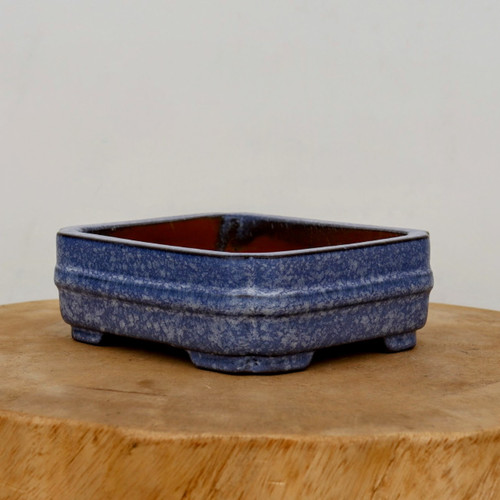 A small, rectangular blue glazed ceramic bonsai pot sits centered on a rustic, cross-sectioned natural wood slab. The planter features a beautiful mottled blue finish, with a speckled pattern of light and dark blue tones reminiscent of a starry night or stone. 

The pot’s design includes rounded corners, a subtle horizontal decorative ridge running around the middle, and four small, integrated block-style feet at each corner to provide elevation and drainage. The smooth, glazed exterior contrasts with the unglazed, reddish-brown clay visible on the inside. Set against a minimalist, neutral-toned wall, the pot’s vibrant blue color and artisanal texture are highlighted, making it a perfect vessel for small bonsai trees or succulent arrangements.