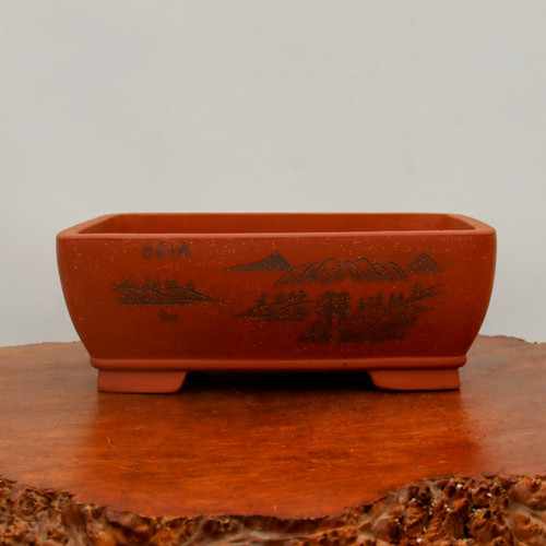 13 inch rectangular etched Yixing bonsai pot in speckled reddish brown clay