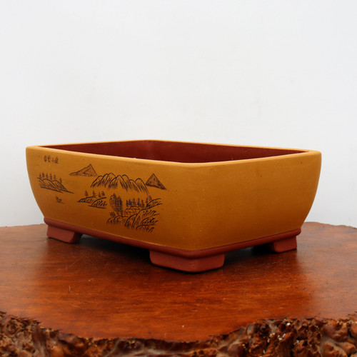 A rectangular unglazed ceramic bonsai pot with a two-tone color scheme sits on a polished, dark wood base against a stark white background. The pot features a mustard yellow exterior wall contrasted by a reddish-brown terracotta color on the interior, rim, and four sturdy block feet. On the front left side, a delicate black-line etching depicts a traditional Asian landscape, including rolling hills, sharp mountain peaks, stylized pine trees, and small dwellings. In the upper left corner of the scene, small Chinese characters are inscribed. The container has slightly tapered sides and rounded corners, presenting a classic and artistic vessel for a bonsai tree.