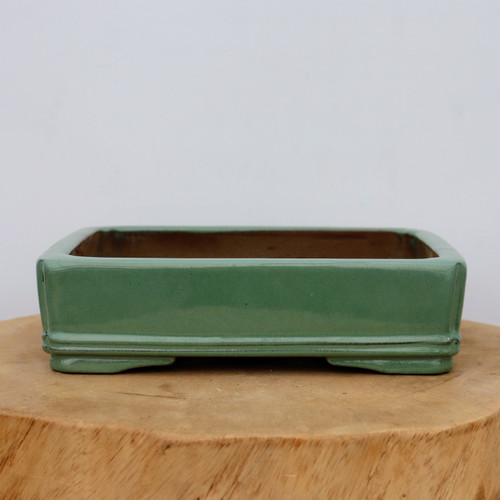 A 10-inch rectangular Yixing bonsai pot featuring a smooth, glossy sage green glaze. The planter has a traditional aesthetic with rounded corners and a decorative double-molded lip around the lower edge. It sits on four small, integrated feet for stability and drainage. The pot is displayed on a rustic, cross-cut wooden slab against a neutral, light-colored background. The interior of the pot shows the natural, unglazed brown Yixing clay, emphasizing its authentic construction and quality for bonsai cultivation.