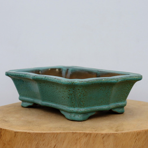 11 inch rectangular Yixing bonsai pot in teal green with cut-out corners