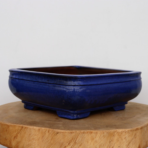 9 inch rectangular Yixing bonsai pot in a glossy cobalt blue glaze