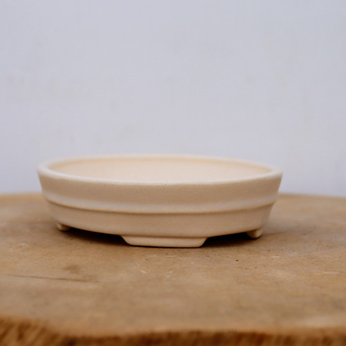 A shallow, cream-colored oval ceramic bonsai pot, identified as the Yixing Planter 2328A, rests centered on a rustic, textured wooden surface. This glazed bonsai pot features a smooth, off-white finish with a subtle horizontal ridge detail encircling the middle of its body. The planter is designed with small, integrated feet that lift the base slightly, allowing for proper drainage and aeration essential for healthy root growth. The neutral, light-beige tone of the ceramic offers a minimalist and elegant aesthetic, making it a versatile choice for various bonsai tree species. The pot is photographed against a clean, soft-focus white background, emphasizing its classic shape and refined craftsmanship.