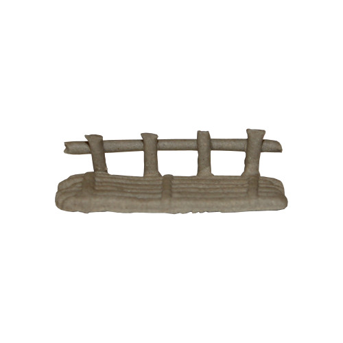 A detailed miniature Chinese mudman figurine of a small rustic bridge, designed as a decorative accessory for bonsai trees and miniature gardens. Hand-sculpted from light brown clay with a matte, earthy texture, the bridge features a simple, weathered design. The walkway is composed of several parallel horizontal logs, while a single handrail on one side consists of four vertical posts supporting a top horizontal railing. The handcrafted nature of the clay gives the piece a traditional and organic feel, making it an ideal accent for adding a sense of scale and tranquility to a bonsai landscape. This 1.5-inch figurine is shown from a side profile against a stark white background, highlighting its fine details and rustic charm.