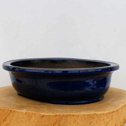 12 inch shallow oval Yixing bonsai pot in a deep cobalt blue glaze