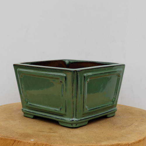 7 inch square Yixing bonsai pot in glossy moss green with recessed panels