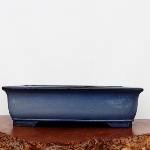 A side-view studio photograph of a rectangular glazed ceramic bonsai pot in a stunning deep cobalt blue finish. The pot’s glaze exhibits a beautiful gradient, with richer, darker tones at the flared rim that softly fade into a lighter, dusty blue with fine mottling near the base. It features sturdy, integrated corner feet that provide essential height for drainage. The glossy pot sits atop a polished reddish-brown wood stand with a natural, irregular burl edge, showcasing the container's craftsmanship against a minimalist, neutral white background.