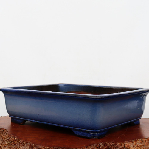 A close-up shot of a rectangular glazed bonsai pot featuring a striking gradient blue finish that fades from deep navy at the top rim to a lighter cobalt blue at the base. The ceramic pot has gently rounded corners and sits on four small integrated feet. It is displayed on a polished, irregular-shaped wooden pedestal with a natural, rustic bark edge. Set against a clean, plain white background, the image highlights the smooth, glossy texture and elegant design of this high-quality bonsai container.
