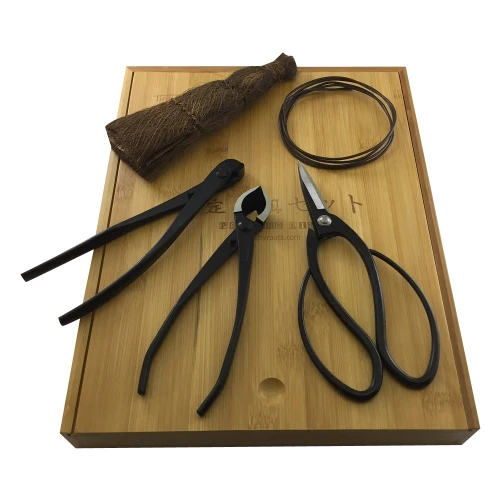 Tinyroots five piece carbon steel bonsai pruning kit on a bamboo storage tray