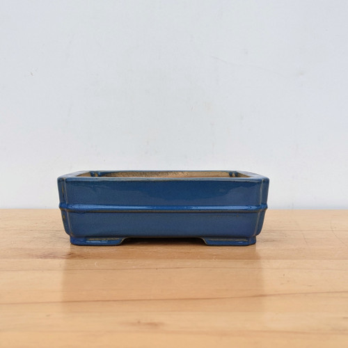 A detailed front view of a rectangular, deep blue glazed bonsai pot, specifically the Yixing No. 2314F. The pot features a rich, glossy finish with a distinct horizontal band or ridge detail encircling the middle of the ceramic body. It has softly rounded corners and sits on four small, integrated feet that provide elevation for drainage and airflow. The pot is positioned in the center of a light-tan wooden tabletop against a plain, neutral off-white background. The upper rim reveals a glimpse of the unglazed tan clay interior, highlighting the classic craftsmanship of this professional-grade bonsai container.