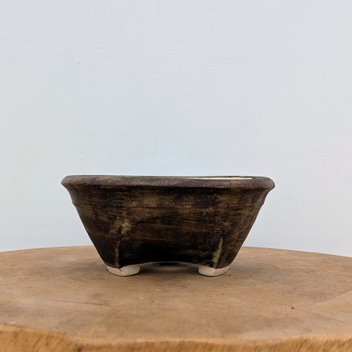 Small rectangular handmade bonsai pot by Andy Arnault, No. 531, on a light wood slice
