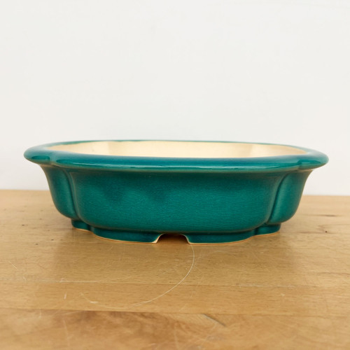 10 inch shallow oval green glazed Yixing bonsai pot with lobed corners
