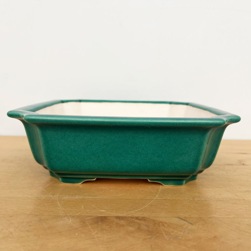 9 inch square Yixing bonsai pot in emerald green with a crackle pattern
